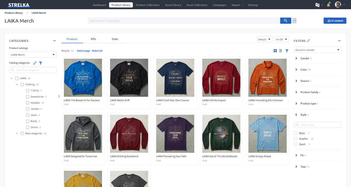 LAIKA catalog browse view — product grid with filters