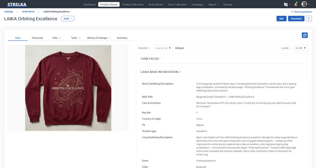 LAIKA product detail view — enrichment form with attributes